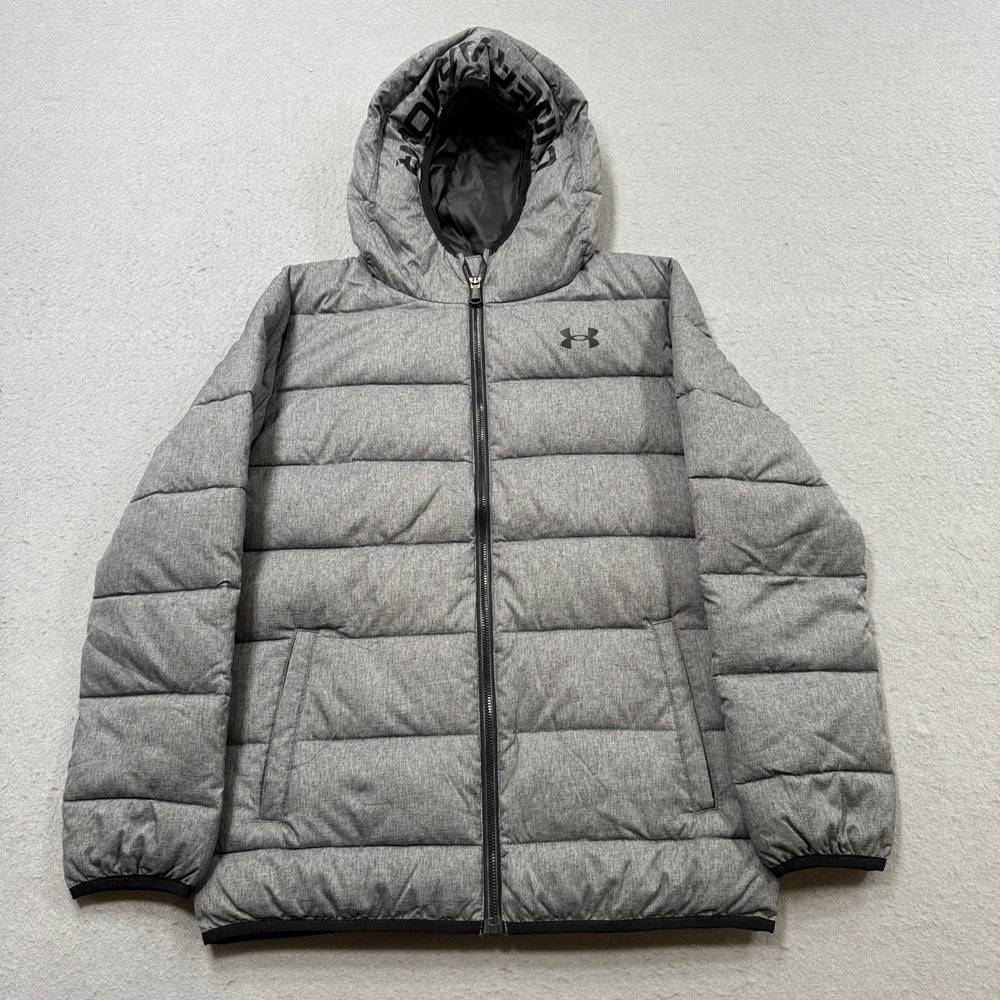 Under Armour Puffer Jacket Youth Large Gray Hooded Quilted Outdoor Athleisure